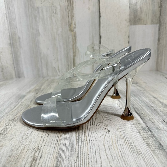New Marc Fisher Silver Metallic Clear Strappy High Heel Sandals Calisty #715 - Picture 6 of 11